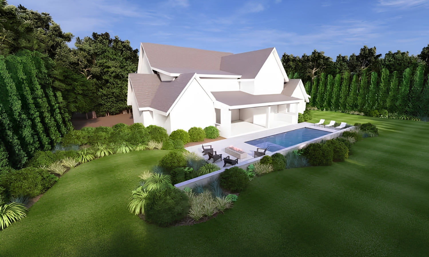 3D architectural render of front and backyard landscape design with custom pool and lawn in Raleigh NC