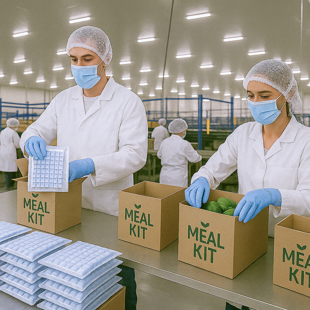 Meal kit assembly line using Relocalize cold packs