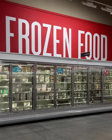 The frozen food section of a grocery store.