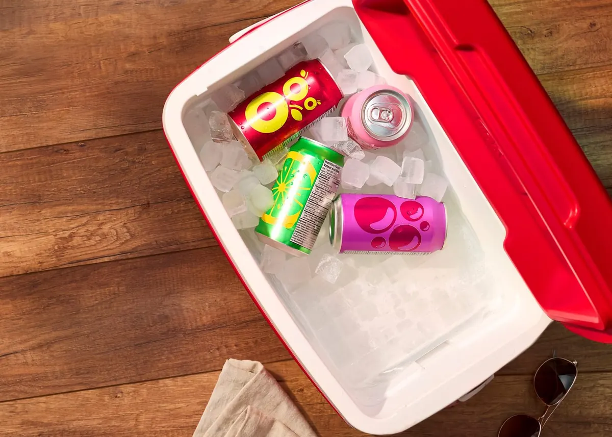 Local Ice 1-inch cubes in a cooler with cans