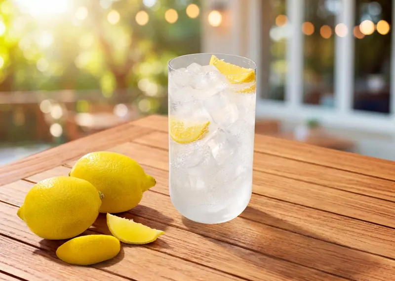 Clear 1-inch Local Ice cubes in a glass of lemon soda