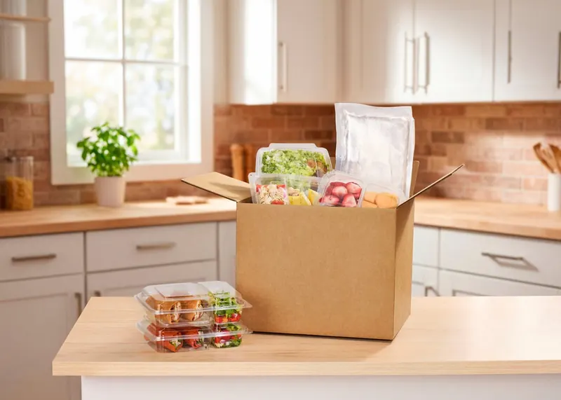 A water cold pack in a shipping box with prepared meals and salads