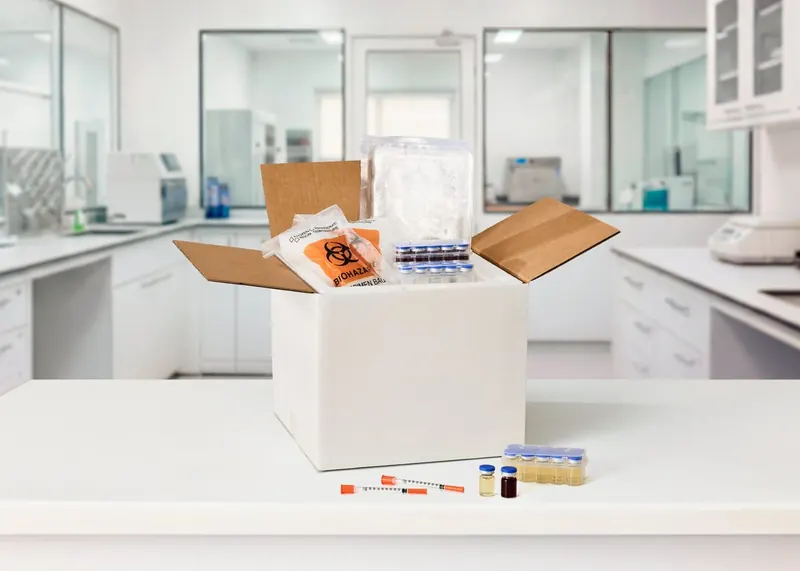 A water cold pack in a shipper with lab sample vials