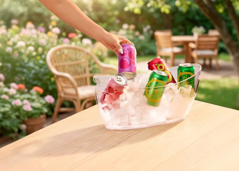 Cans chilling in a clear tub of Local Ice cubes