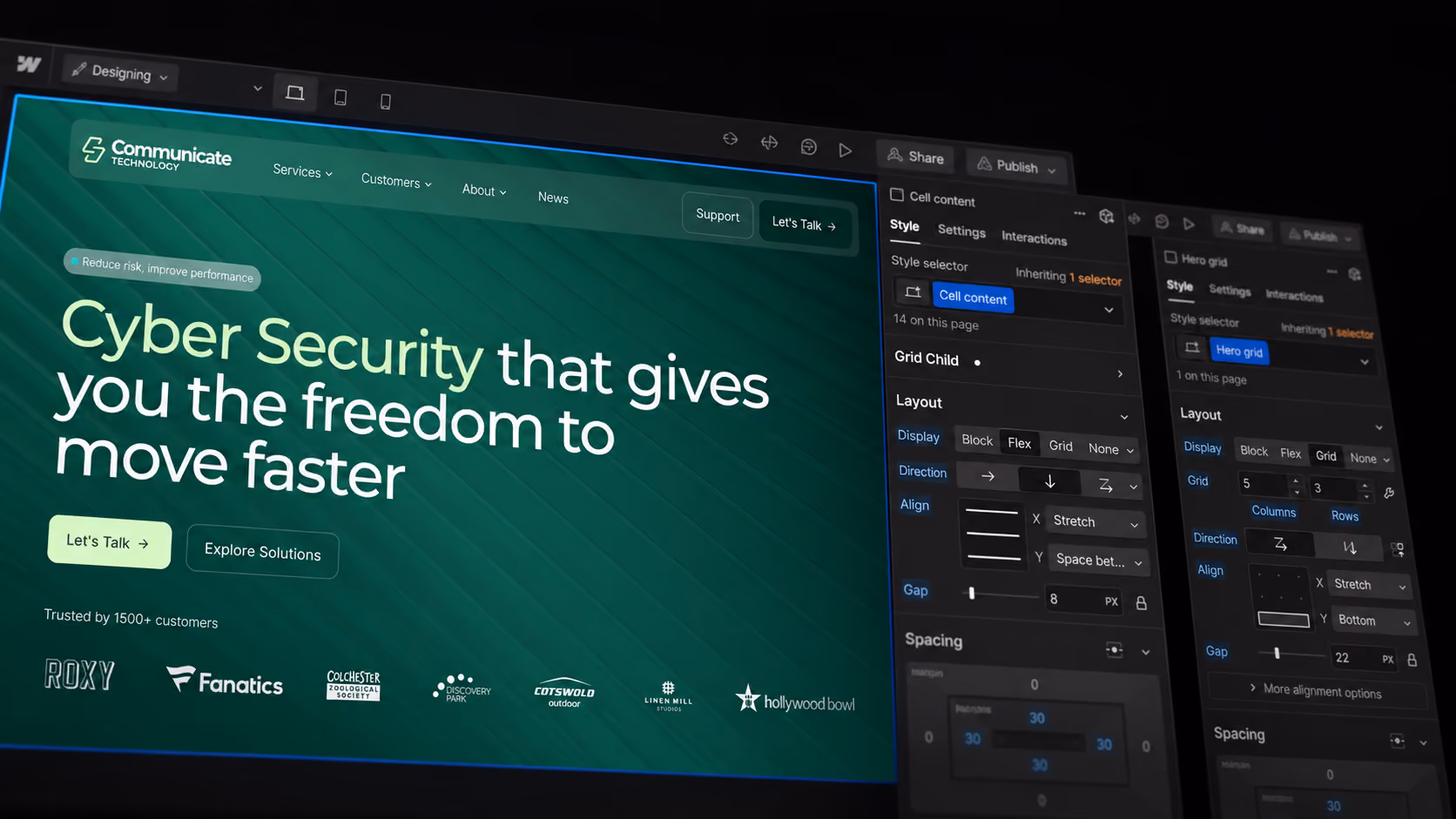 Screenshot of a website design interface showing a green-themed cyber security company homepage with the headline 'Cyber Security that gives you the freedom to move faster,' buttons labeled 'Let's Talk' and 'Explore Solutions,' and logos of various trusted customers, alongside CSS layout and style settings panels.