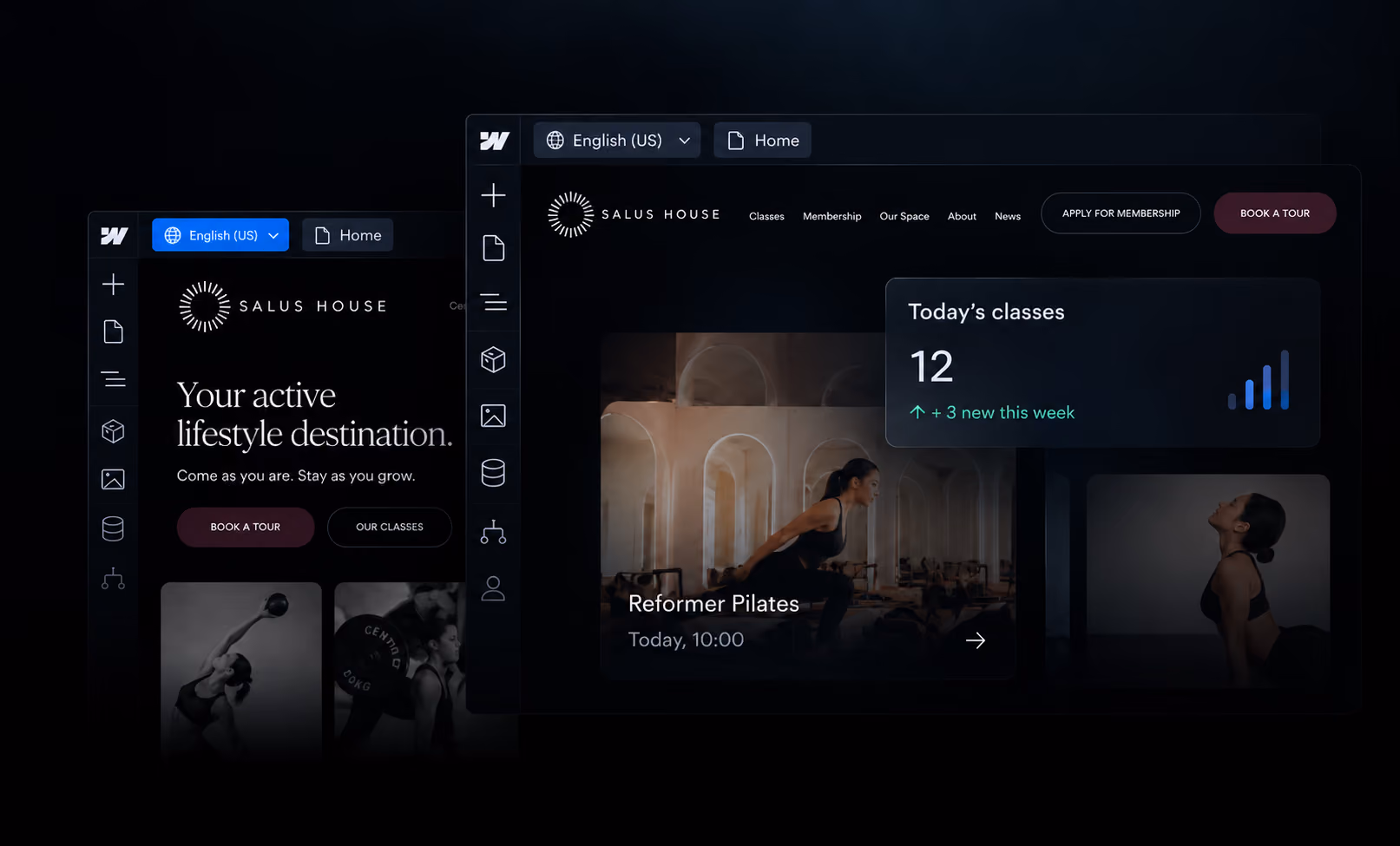 User interface screens for Salus House, showing options for language selection, home navigation, booking a tour, viewing classes, and membership application; featured content includes today's 12 classes with 3 new this week and a Reformer Pilates class scheduled for 10:00, accompanied by images of a woman exercising.