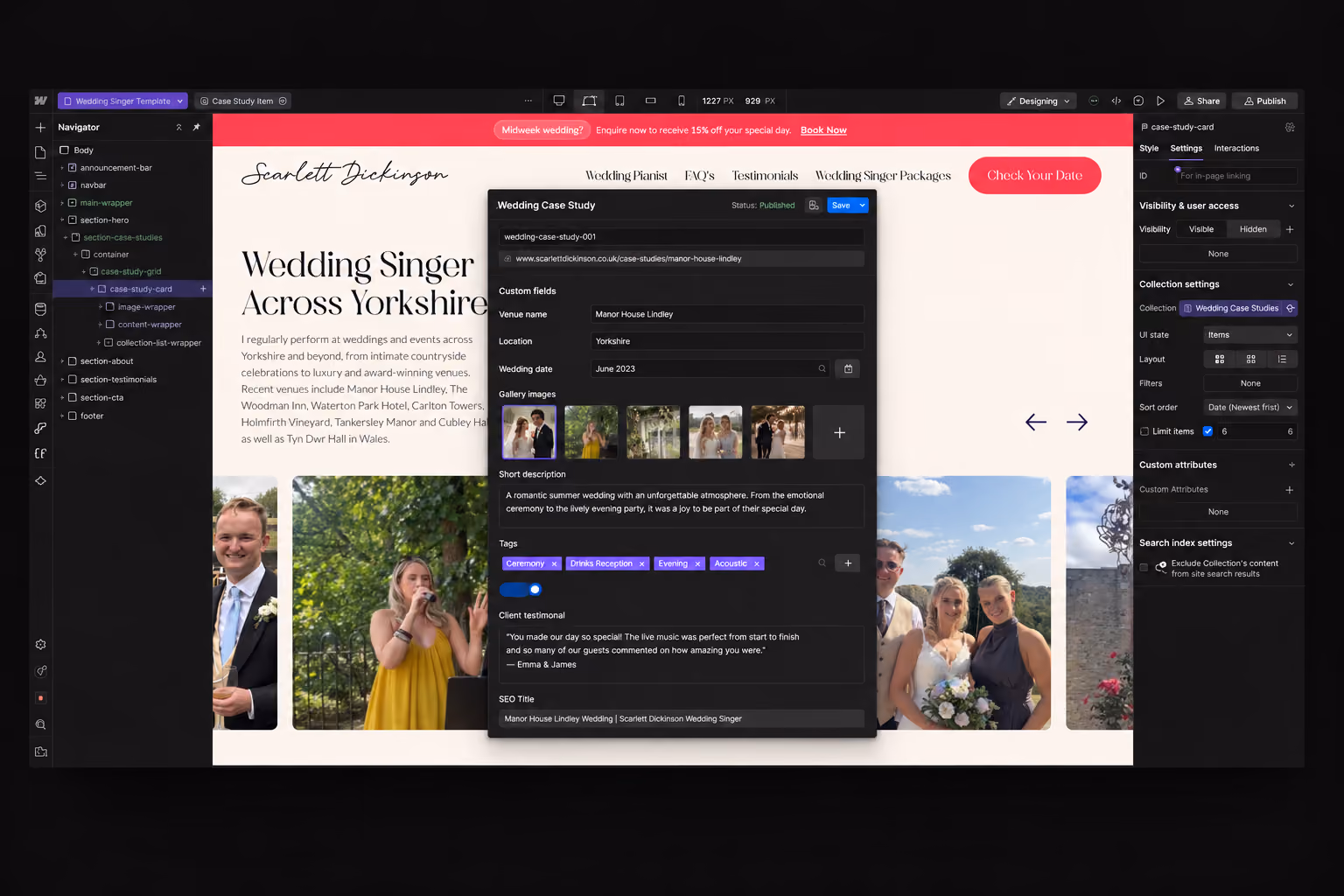 Web design interface showing a wedding singer website template for Scarlett Dickinson featuring case study details of a wedding at Manor House Lindley in Yorkshire in June 2023, with gallery images and client testimonial, displayed in a dark-themed website builder layout.