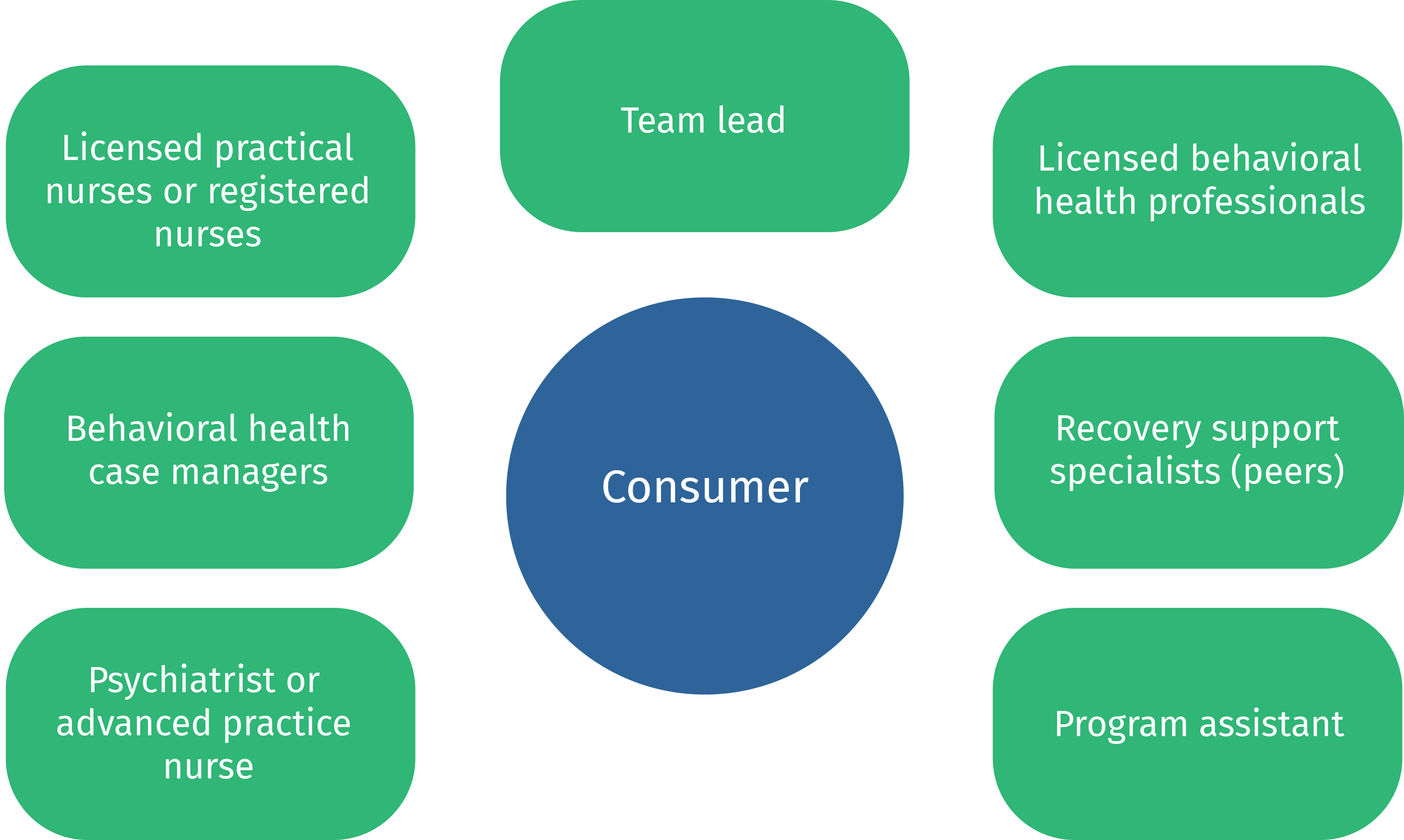 A graphic representation of the standard positions on a PACT team. At the center is the consumer or patient. Wrapping around the consumer are a team of providers: nurses, case managers, a psychiatrist, a team lead, peers, and other behavioral health professionals.