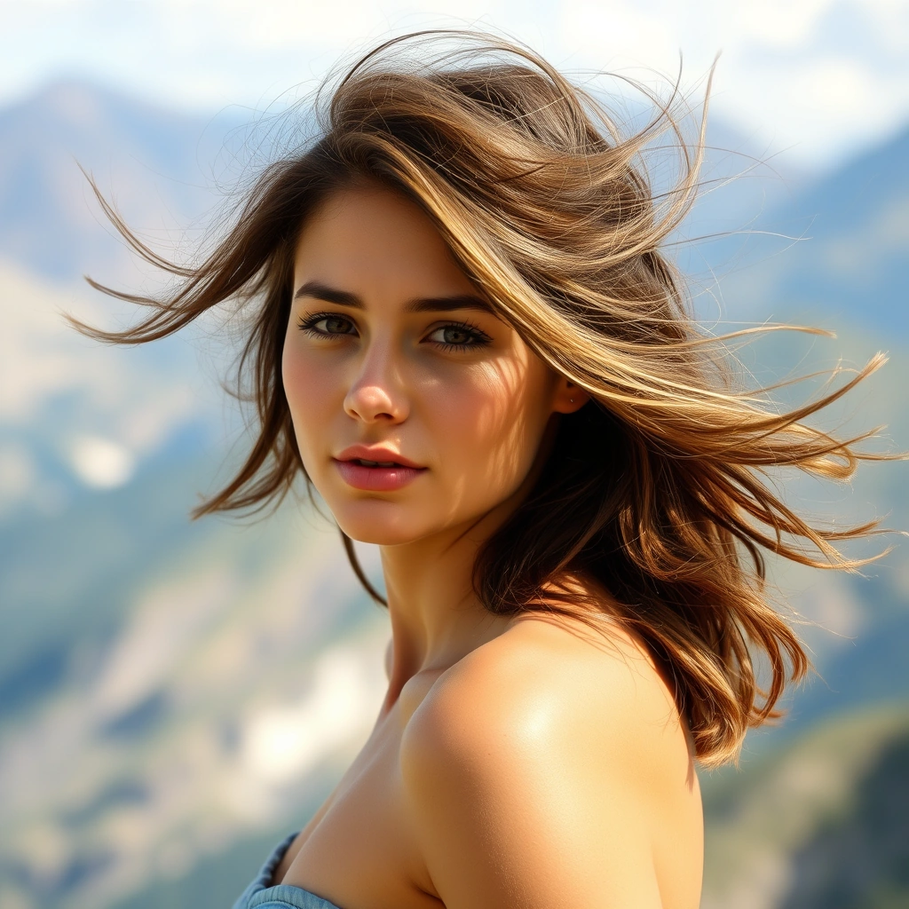 Render FX prompt - Close-up outdoor portrait of a young woman with brown hair blowing in the wind, warm natural sunlight, realistic skin detail, soft mountain background, shallow depth of field, and cinematic photography.