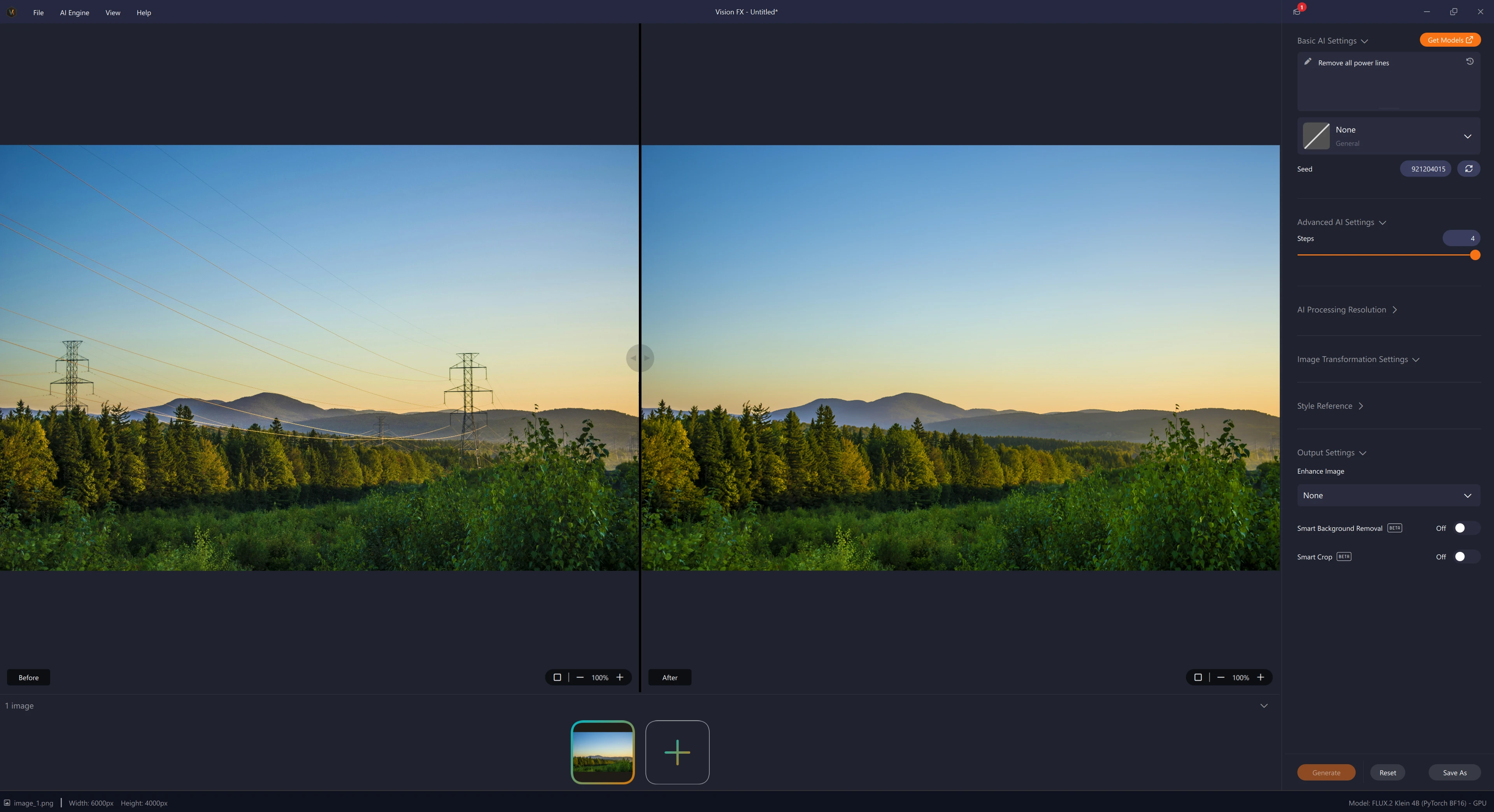Vision FX image editing example - removing power lines from landscape image - before and after