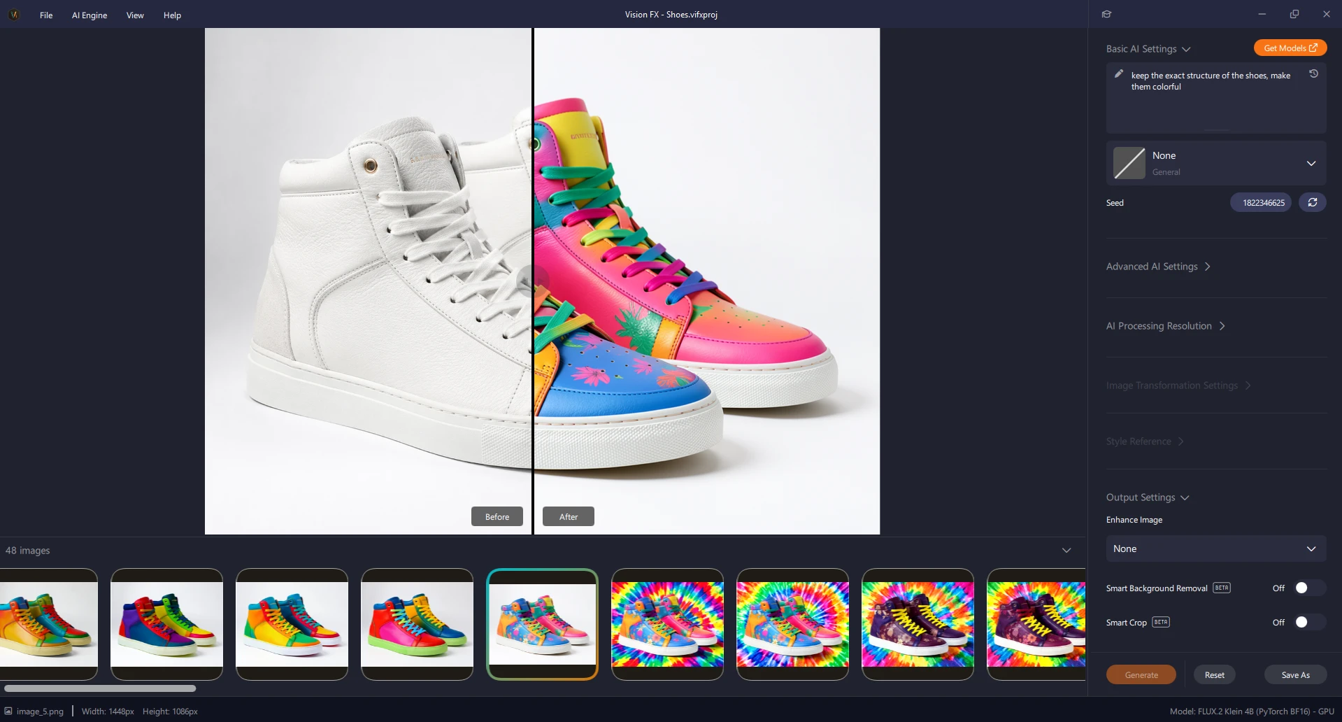 Vision FX image editing example, changing shoe color before and after