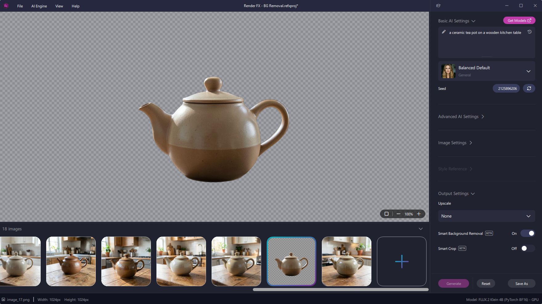 Smart Background Removal switched on: the teapot on a transparent background.