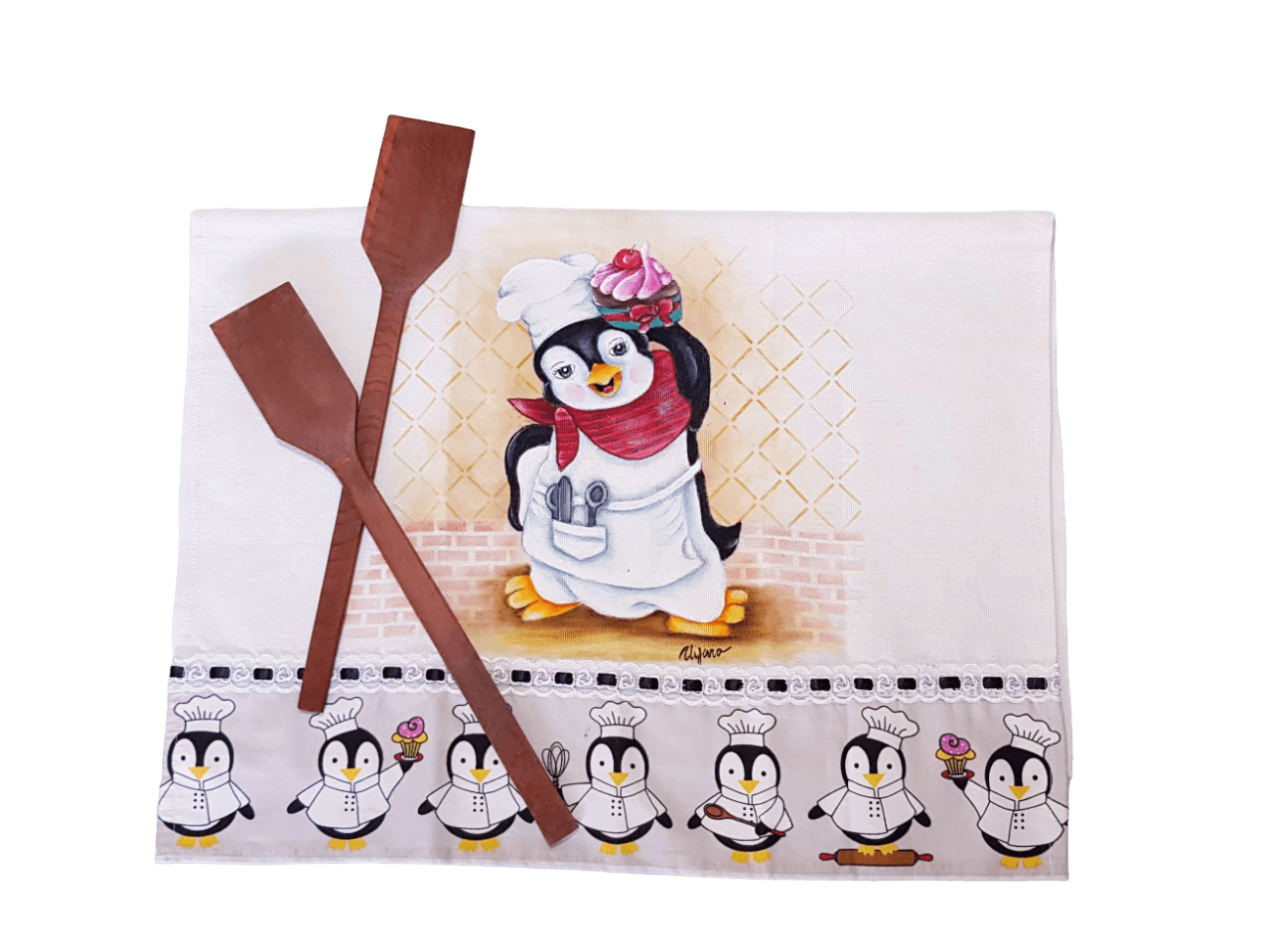 pano de copa branco com estampa de pinguim