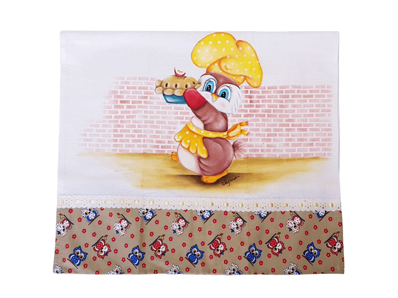 pano de copa branco com marrom e estampa de coruja