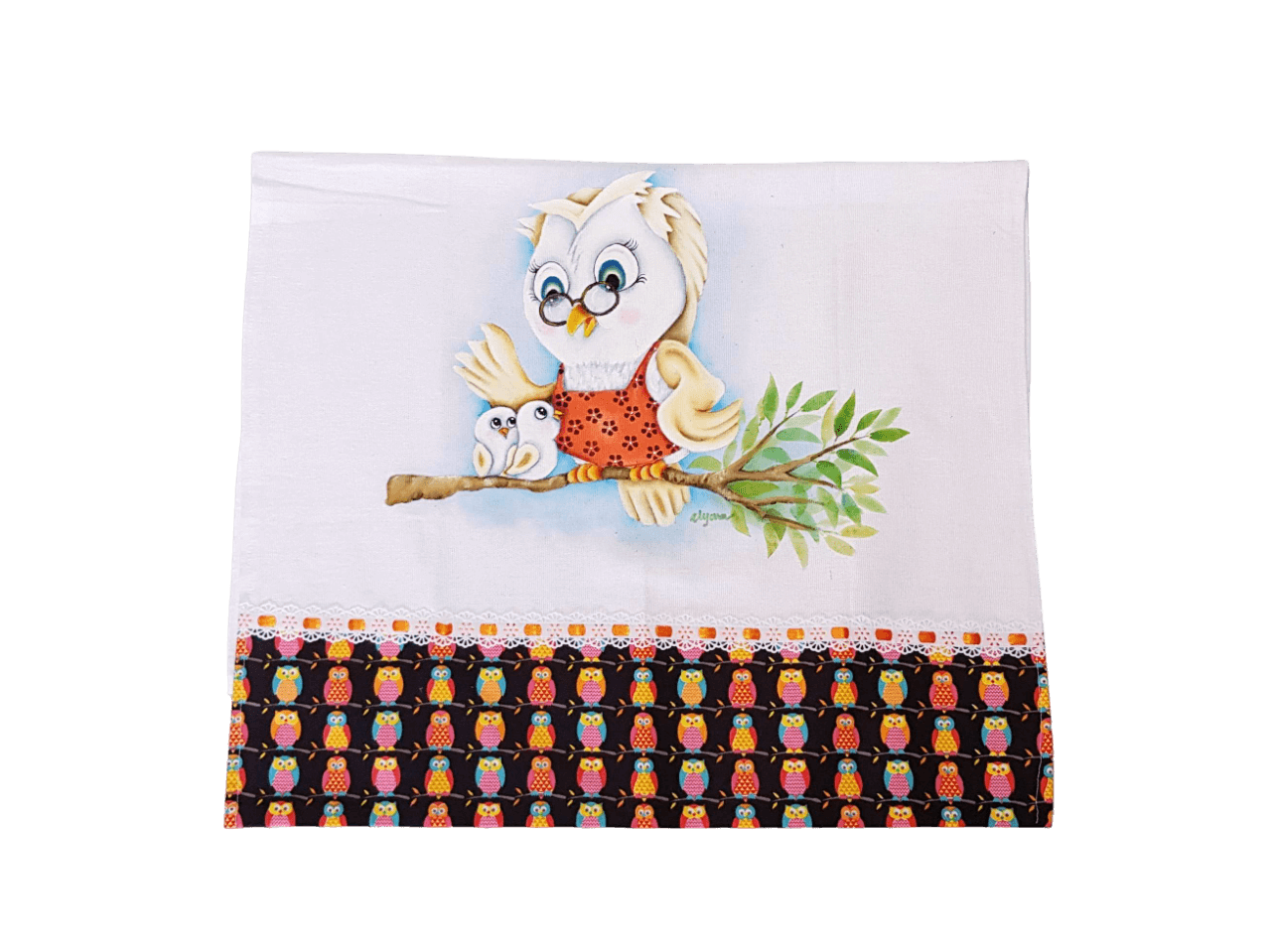 pano de copa branco com preto e estampa de coruja