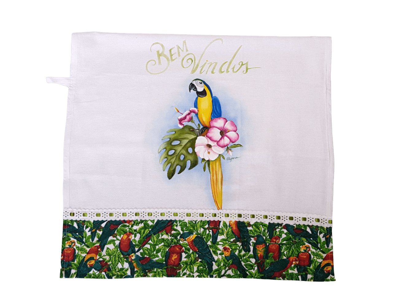 pano de copa branco com verde e estampa de arara