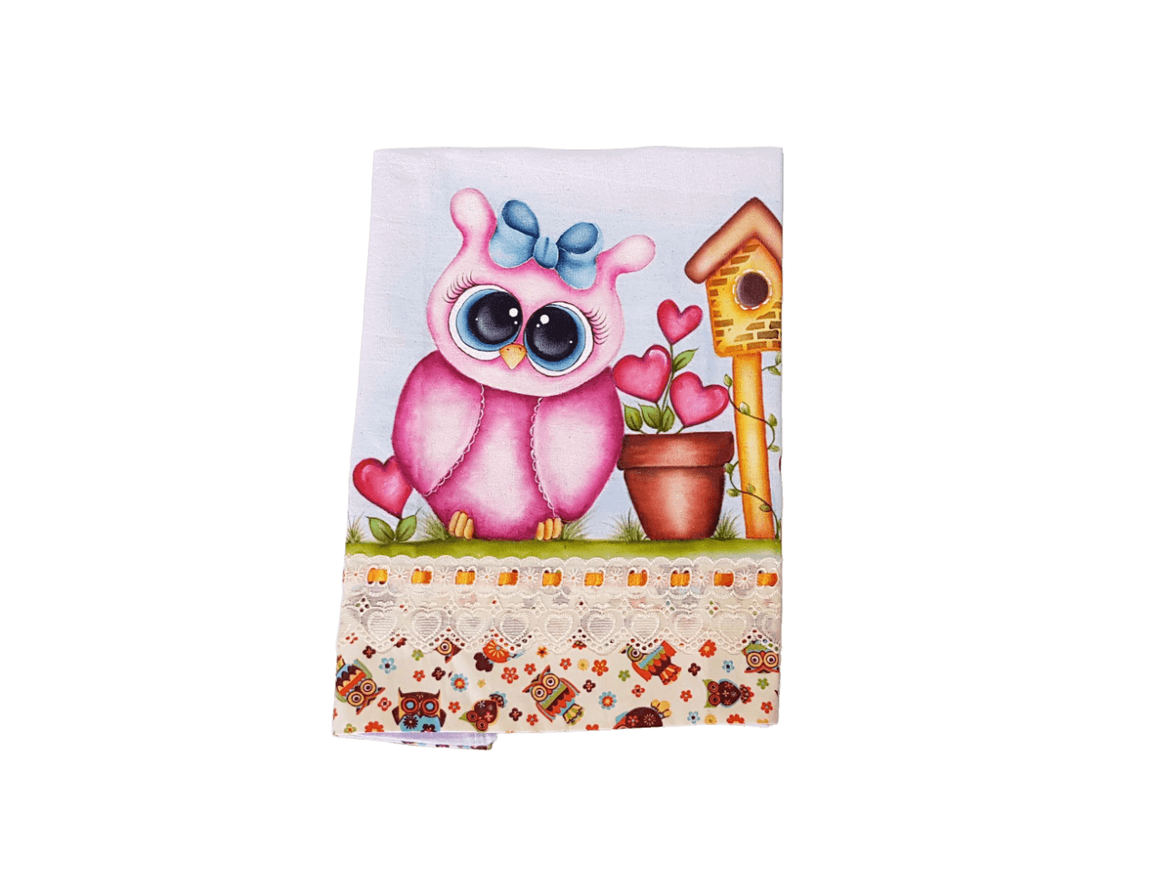 pano de copa branco e amarelo com estampa de coruja