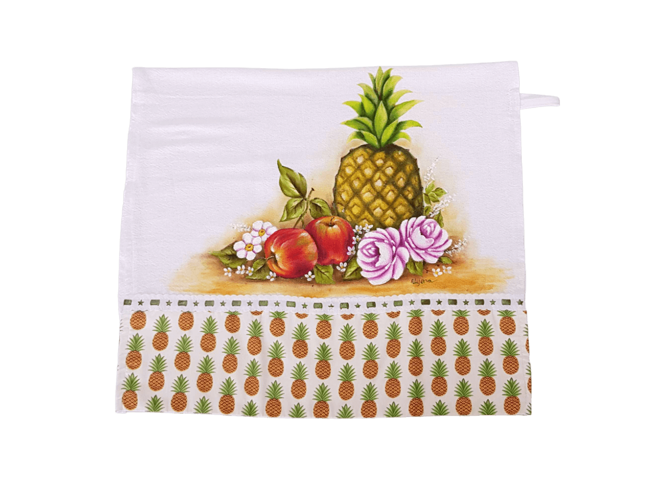 pano de copa branco e amarelo com estampa de frutas