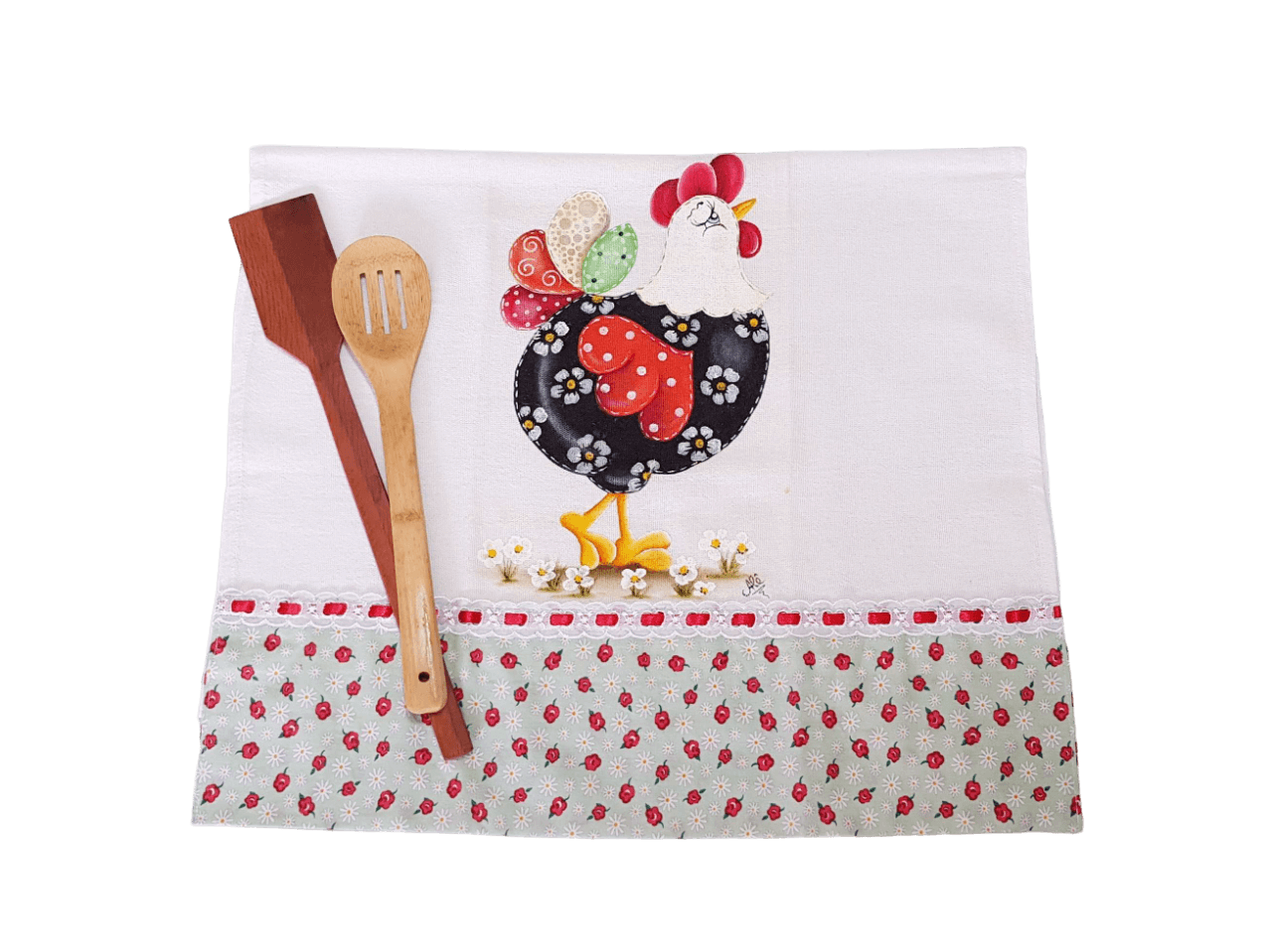 pano de copa branco e vermelho com estampa de galinha