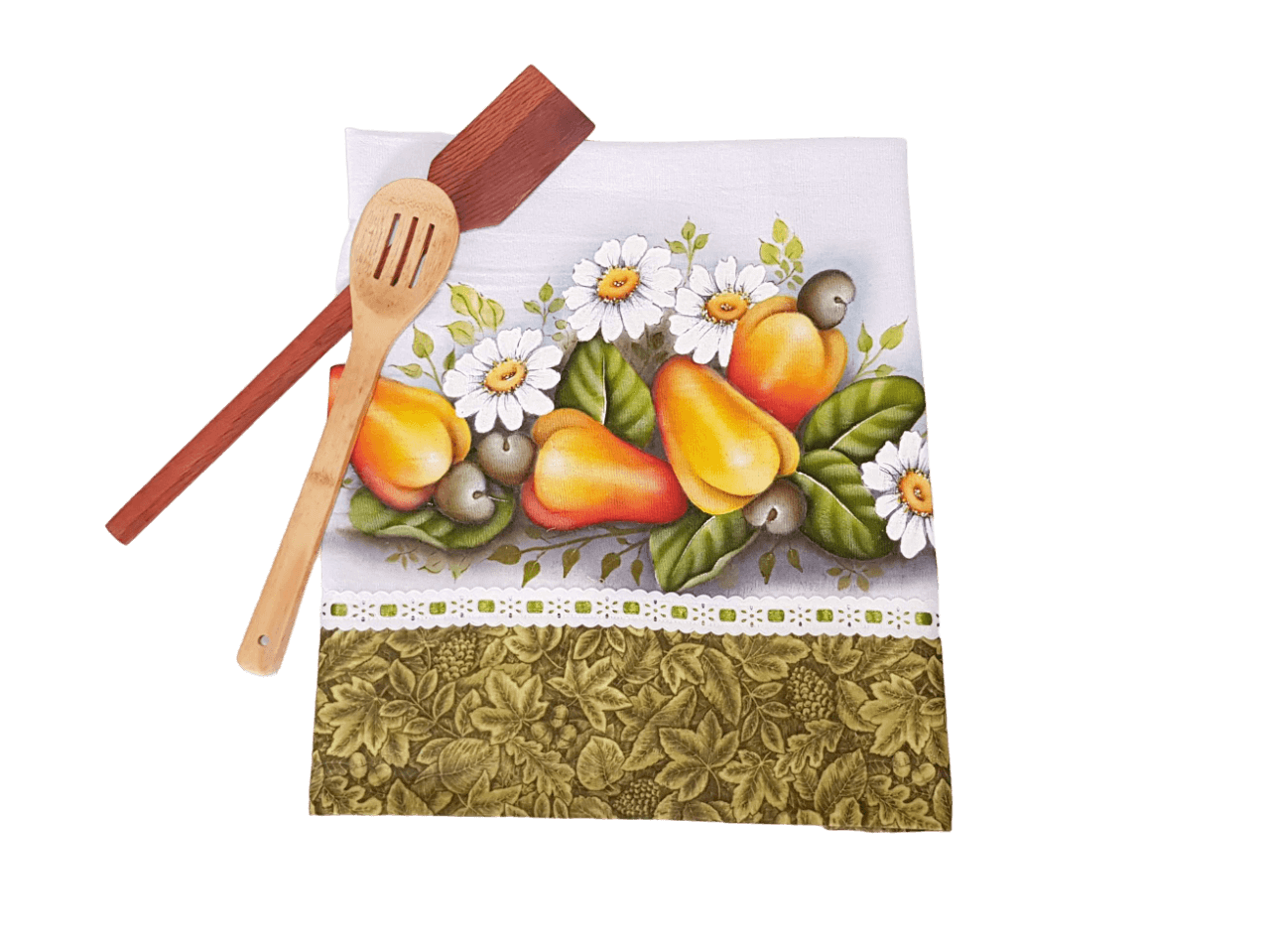 pano de copa branco e verde com estampa de frutas