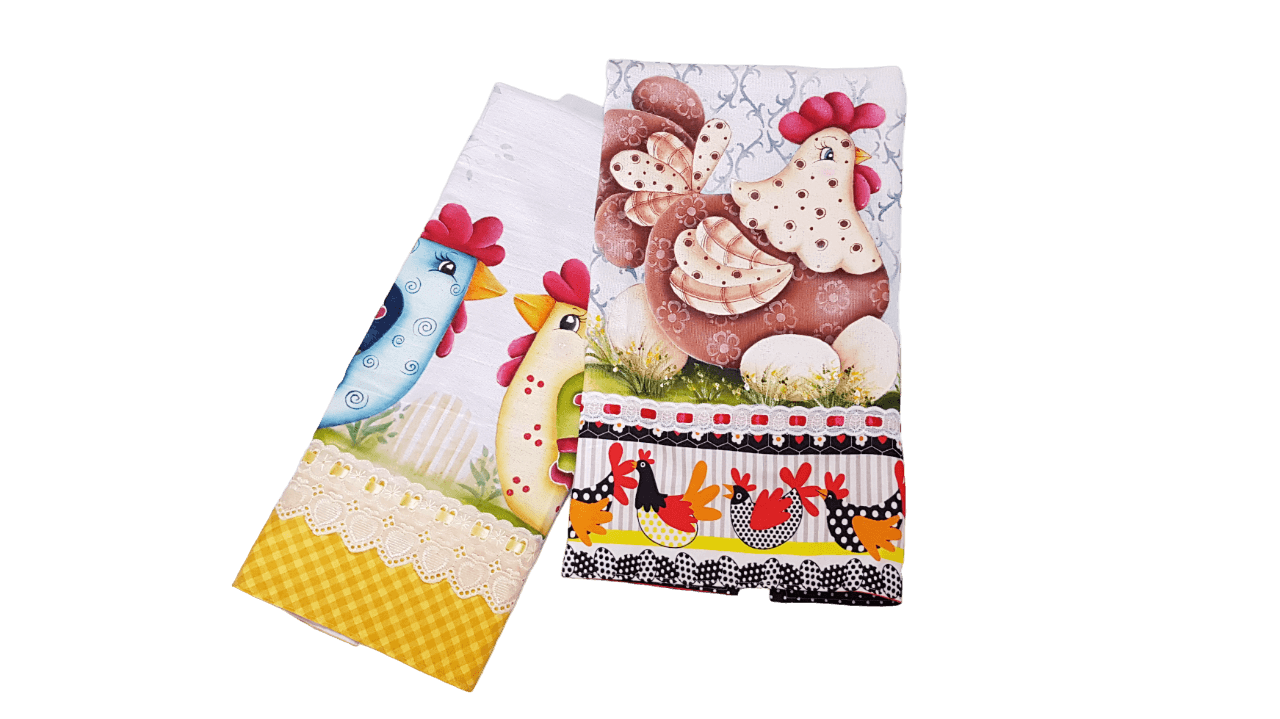 panos de copa branco e verde com estampas de galinha