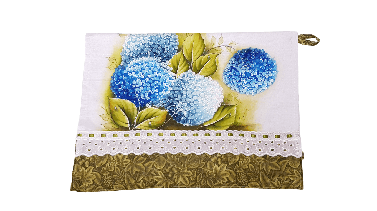 pano de copa branco e verde com estampa de flores