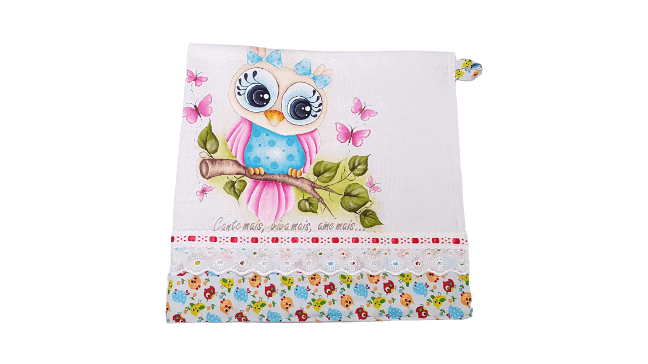 pano de copa branco e azul com estampa de coruja