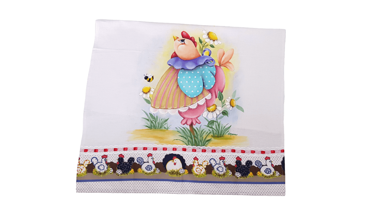 pano de copa branco e vermelho com estampa de galinha