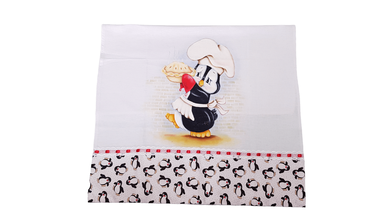 pano de copa branco e preto com estampa de pinguim