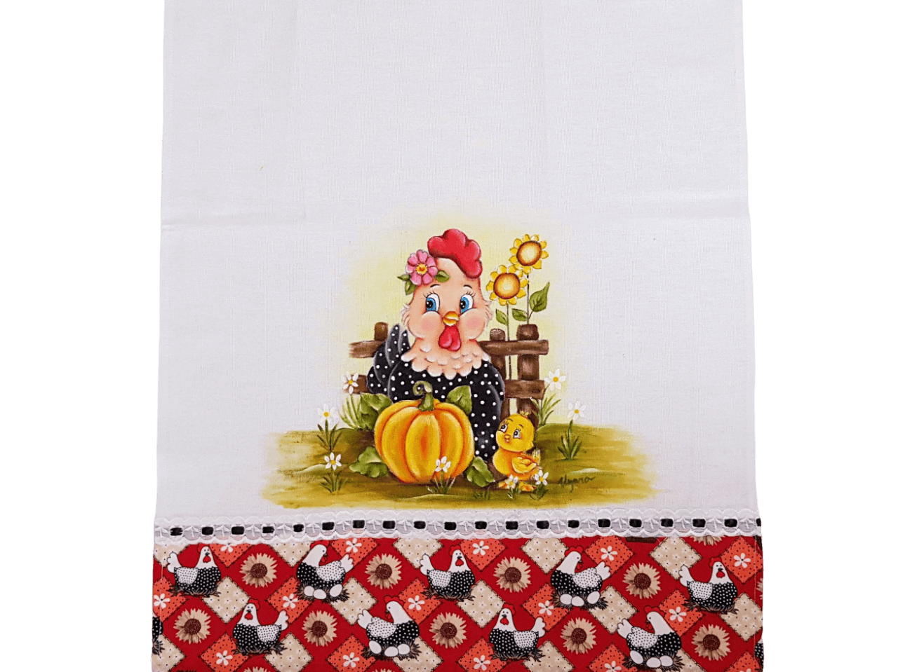 pano de copa branco e vermelho com estampa de galinha