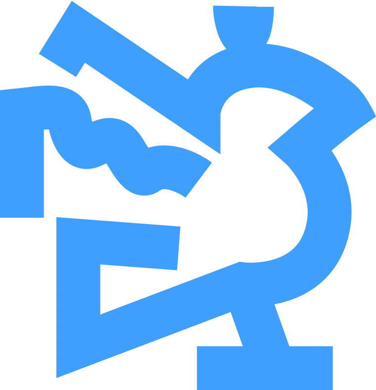 Blue abstract geometric shapes including a circle with an arrow, a wavy line, and angular forms on a transparent background.