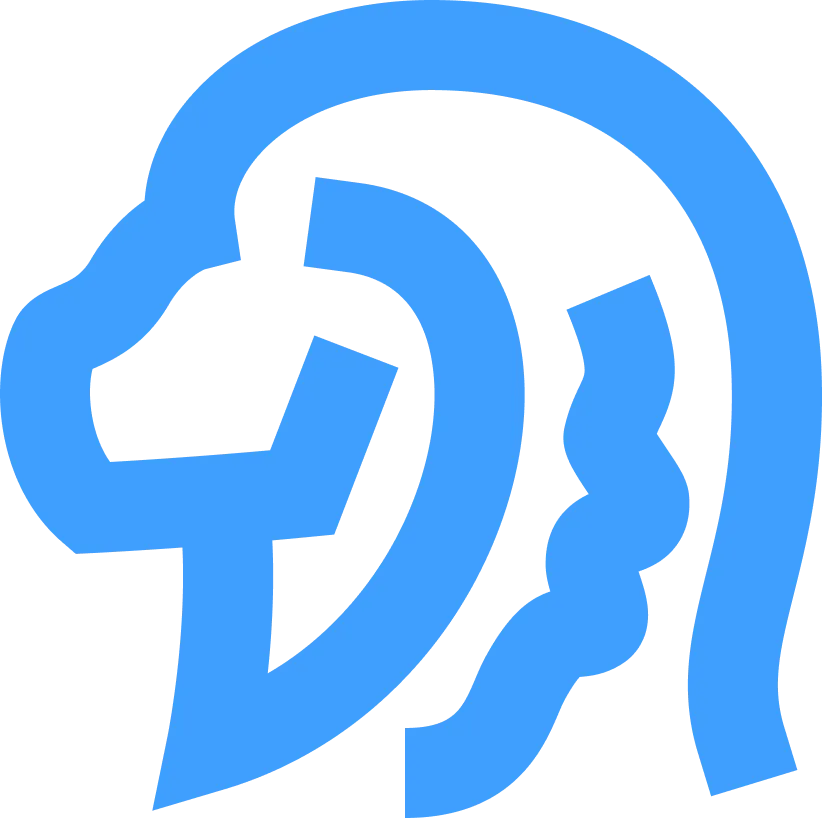 Blue icon of a human head in profile with an ear prominently shown, symbolizing listening or hearing.