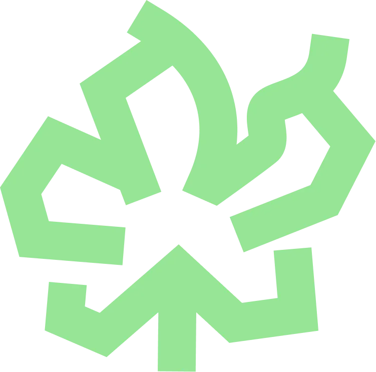 Abstract green angular shapes forming a symmetrical, circular geometric pattern on a transparent background.