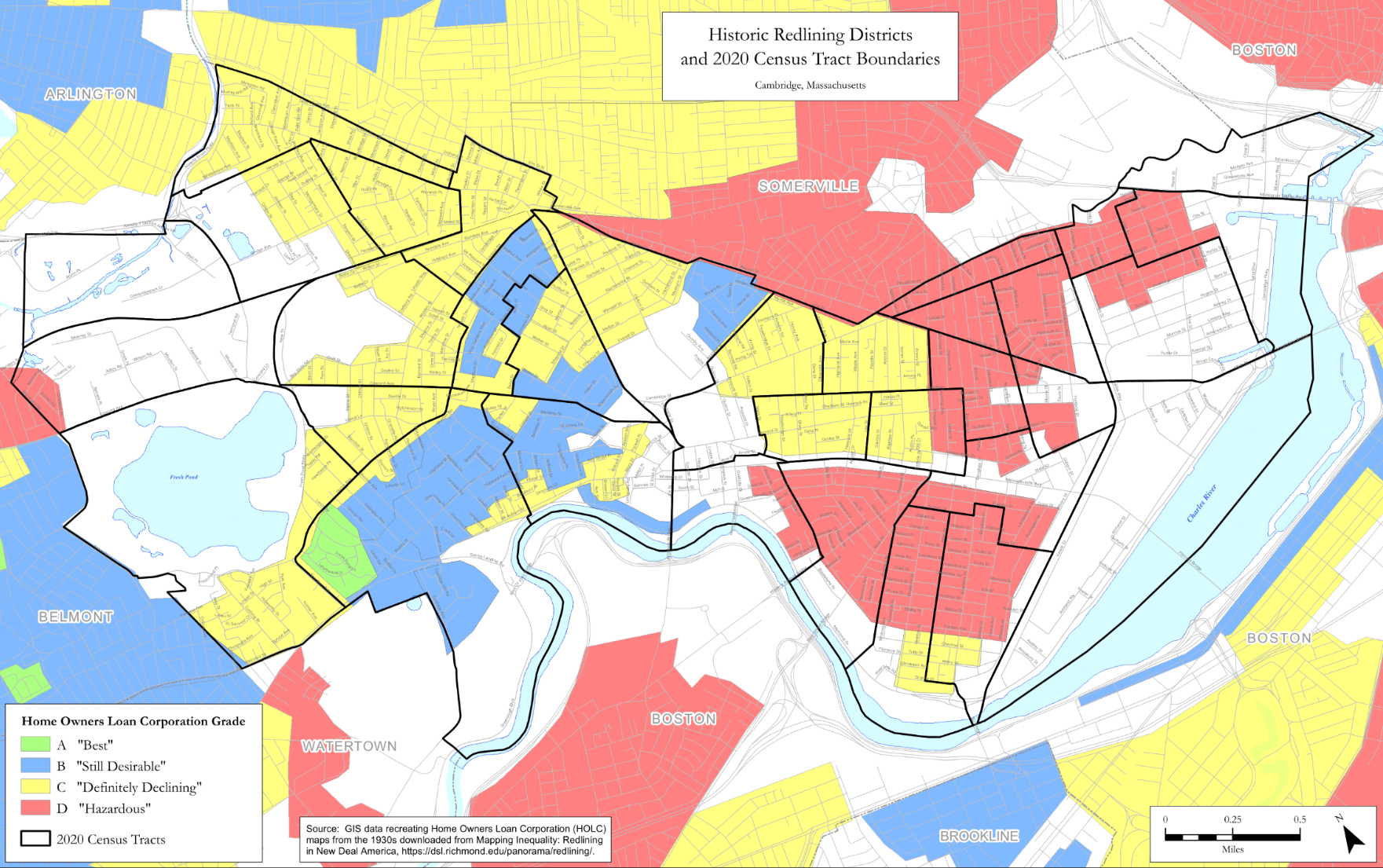 This project uses ArcGIS WebMap and StoryMap to explore the history of redlining in Cambridge and its lasting effects on the city’s Black community. The interactive maps layer 1930s redlining boundaries with demographic data from the U.S. Census (2000, 2010, 2020) and Richmond University’s Mapping Inequality project. Together, these visualizations highlight how historical redlining continues to shape present-day patterns of Black population distribution, income, health, and housing in Cambridge.