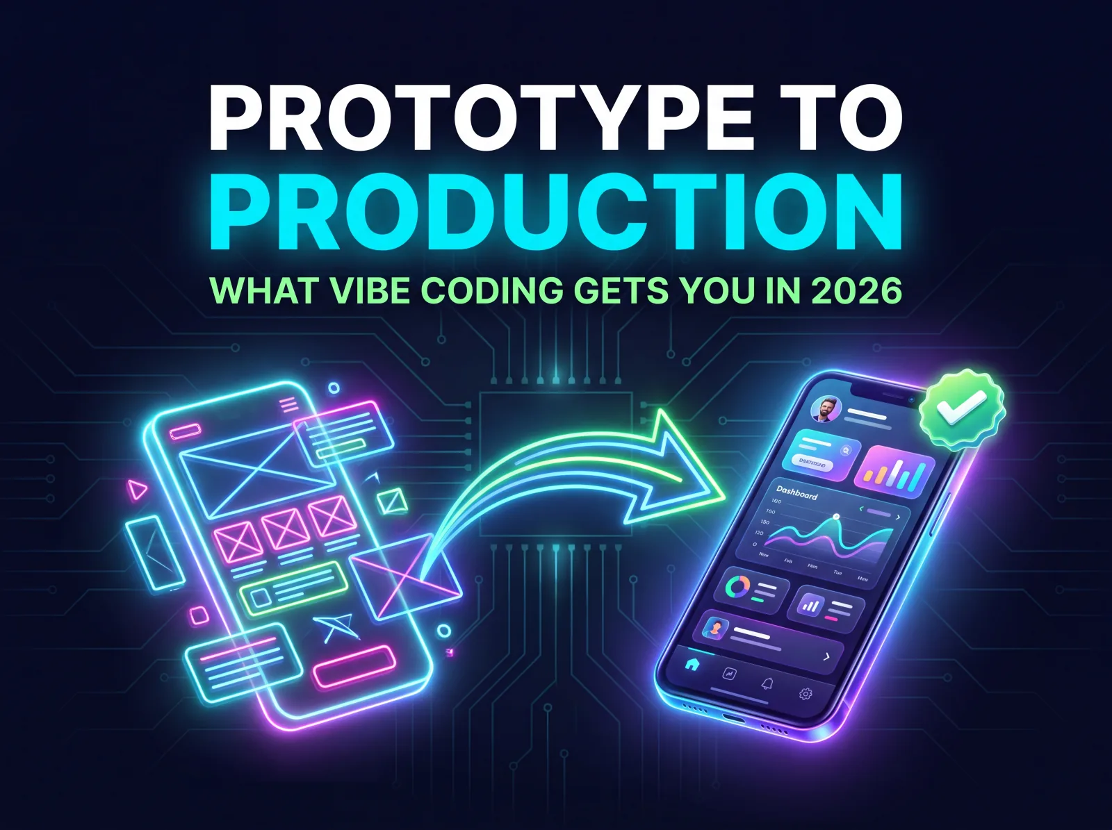 Prototype to Production: a neon illustration of an app prototype transforming into a finished production app, the cover for a 2026 guide on vibe coding.