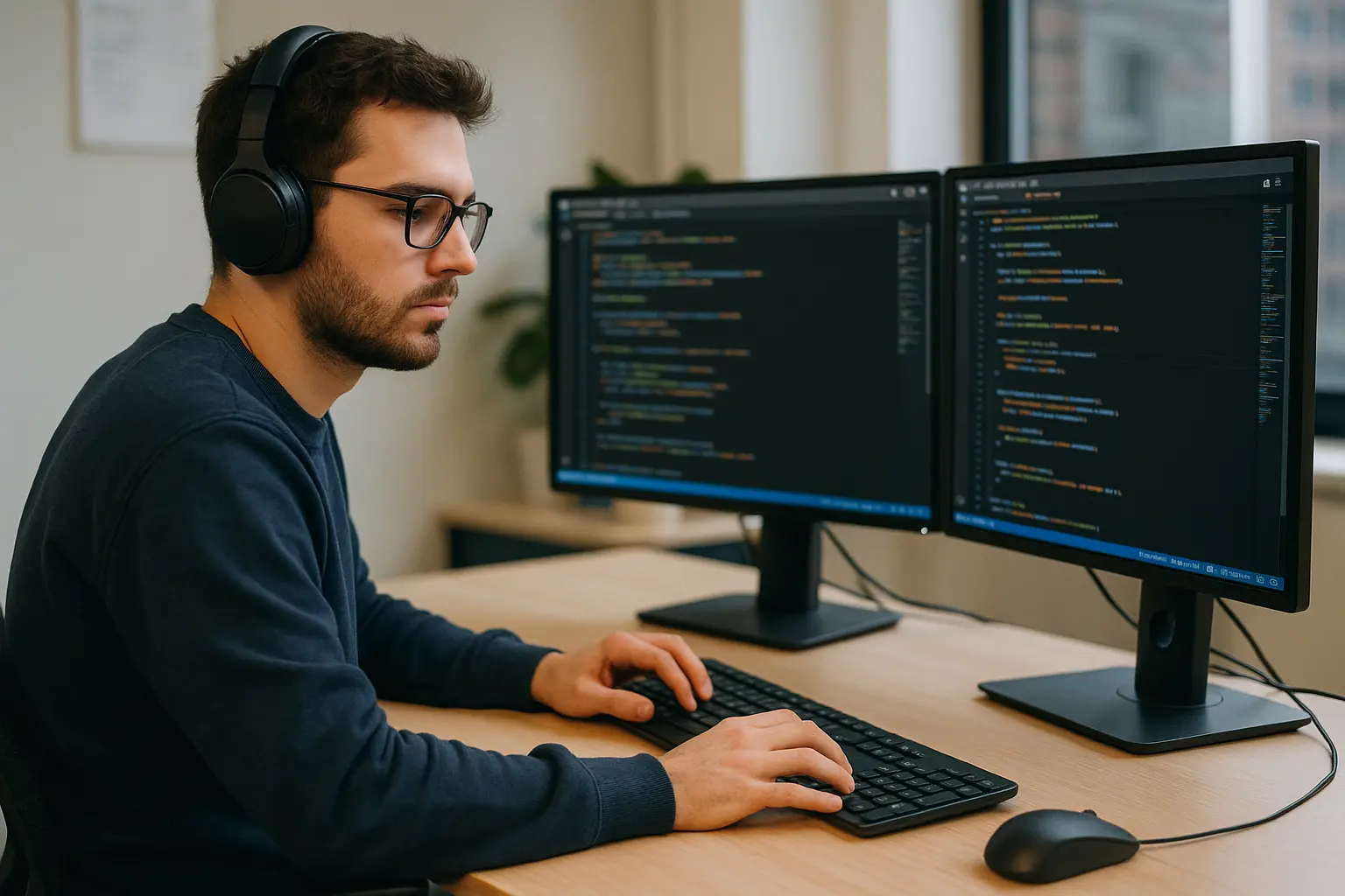 Developer in headphones writing code on two monitors