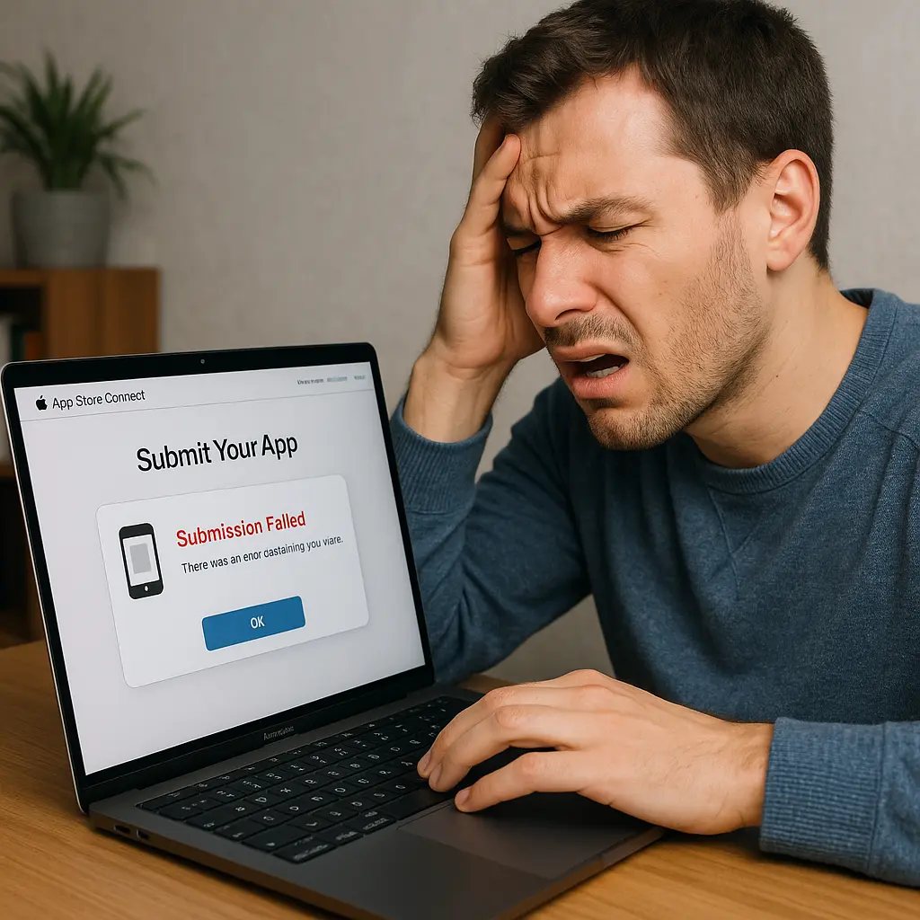 Frustrated developer looking at a failed App Store Connect submission on a laptop