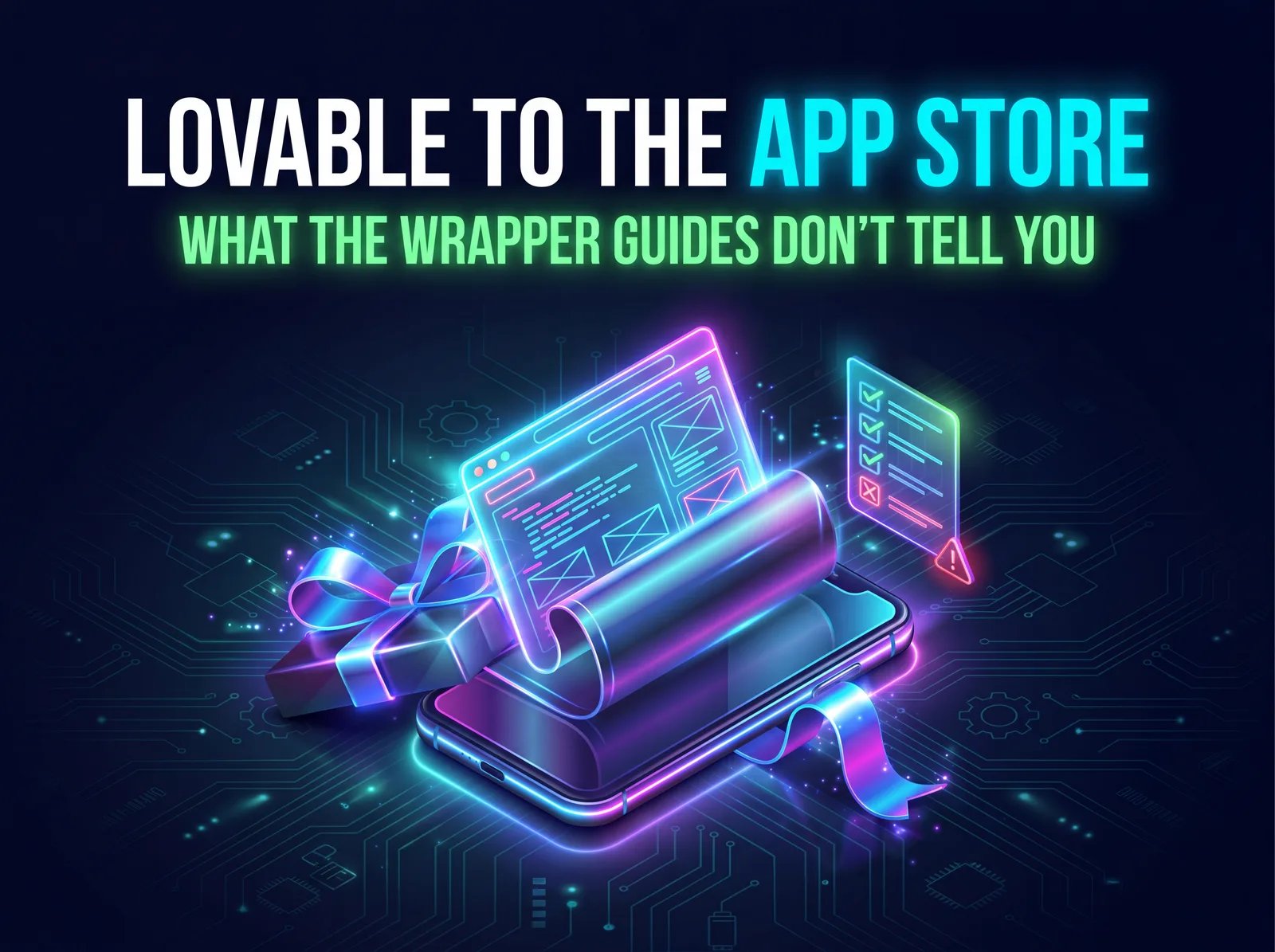 A glowing laptop web page being packed into a phone-shaped box on its way to an app store
