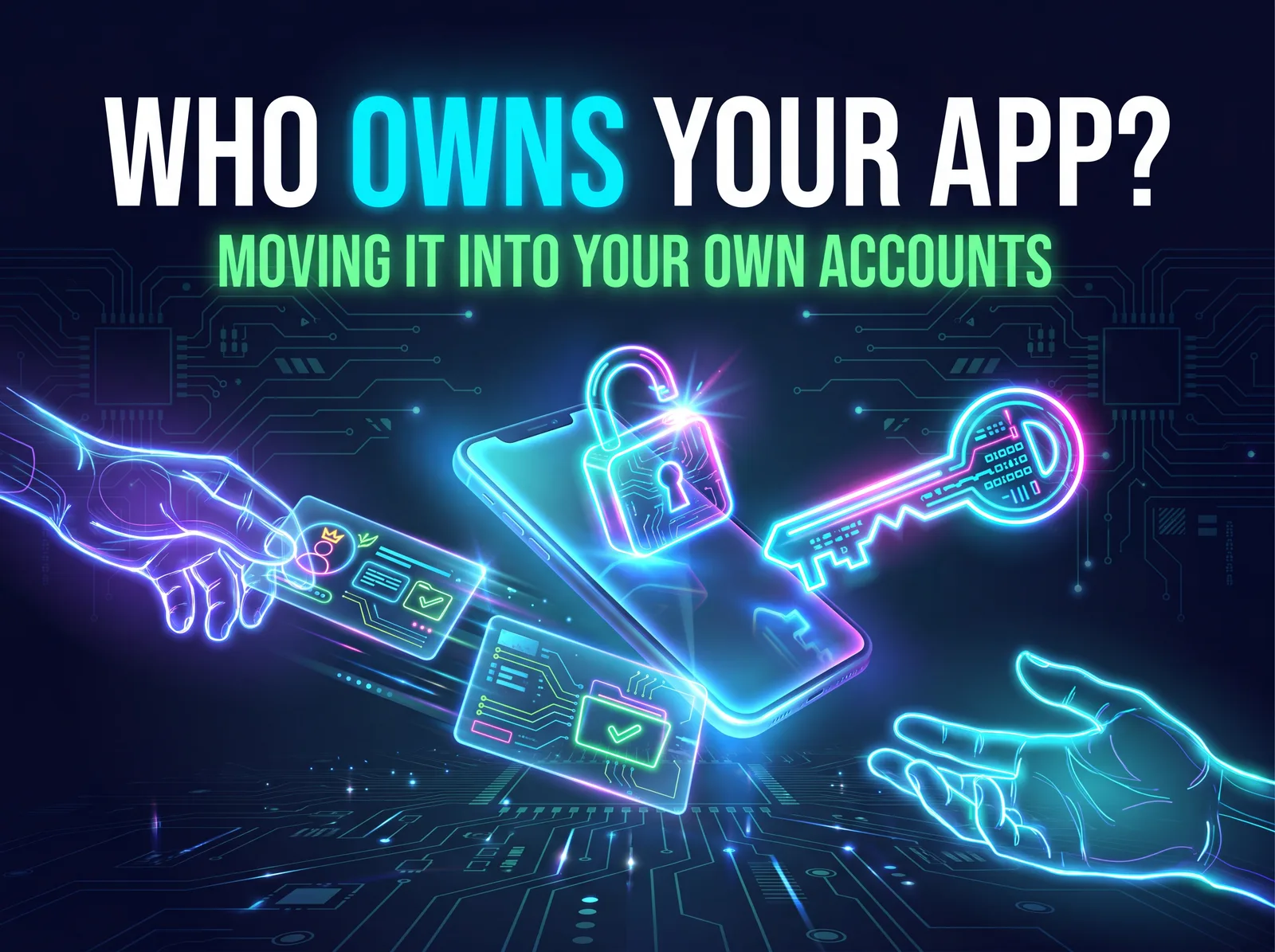 A glowing phone with a key and a padlock above it, representing ownership of an app