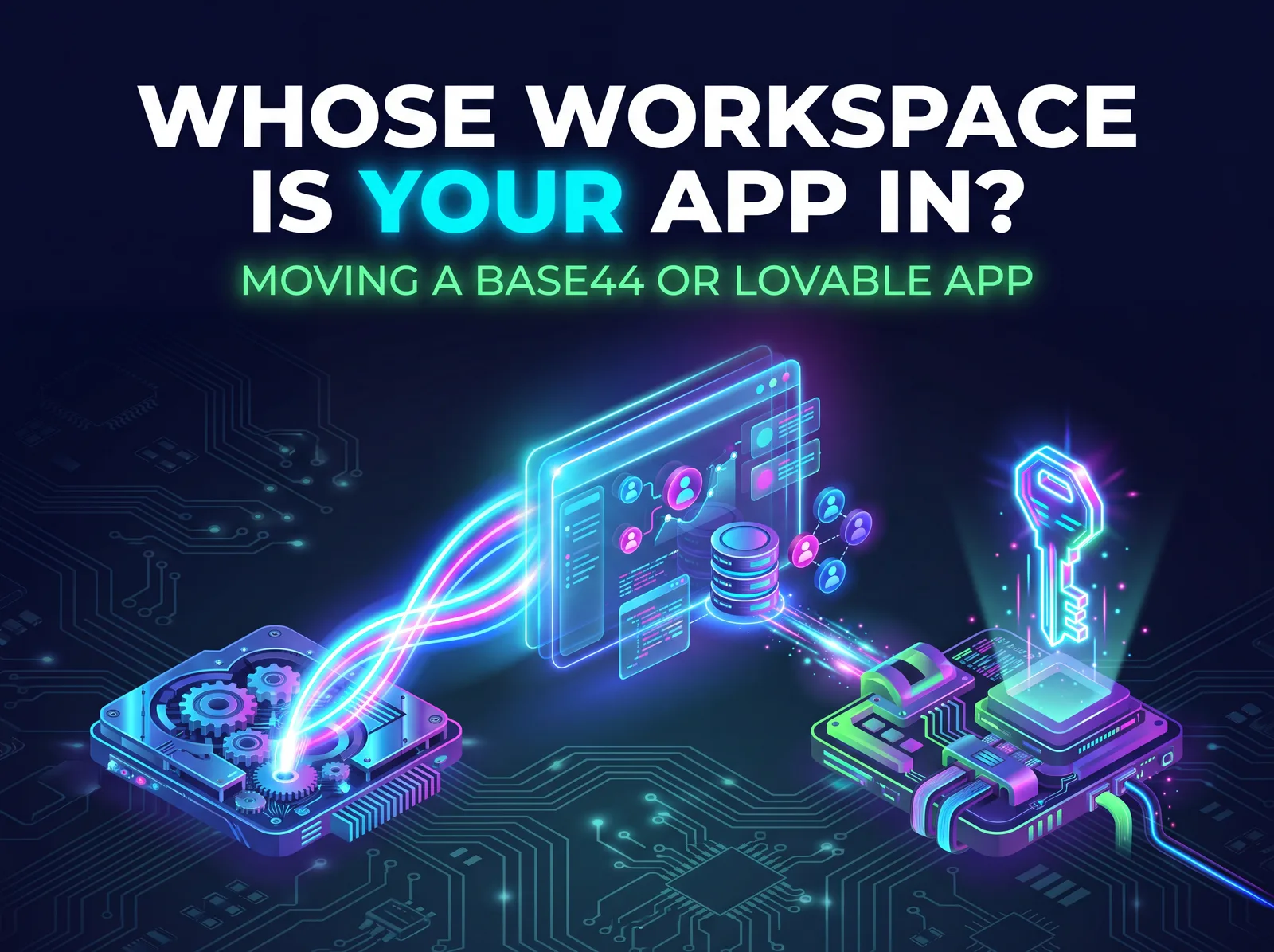 A glowing app window being lifted from one workspace panel into another, with a key beside it