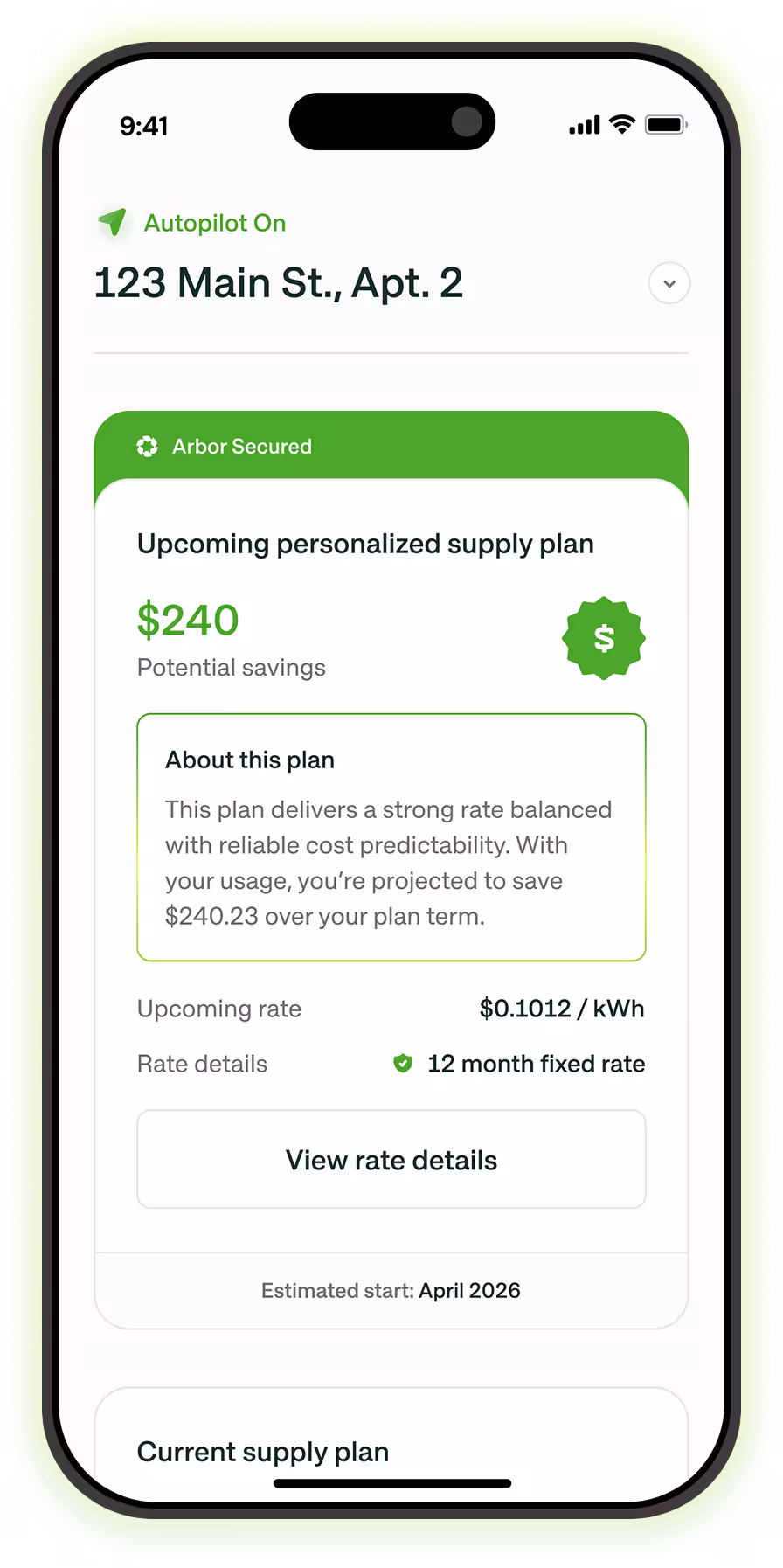 Smartphone screen displaying an upcoming personalized supply plan for 123 Main St., Apt. 2, showing $240 potential savings, a rate of $0.1012 per kWh, and a 12 month fixed rate starting April 2026.