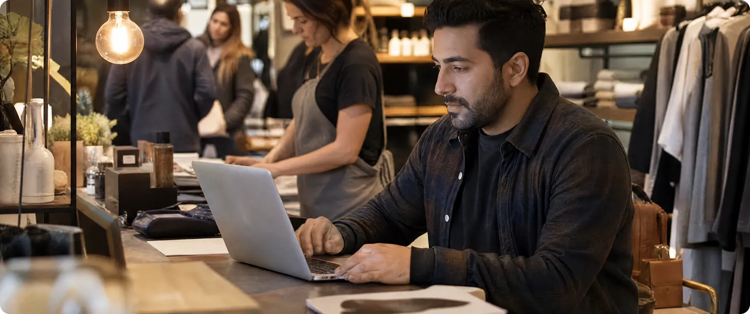 Small business owner working on a laptop in a cafe