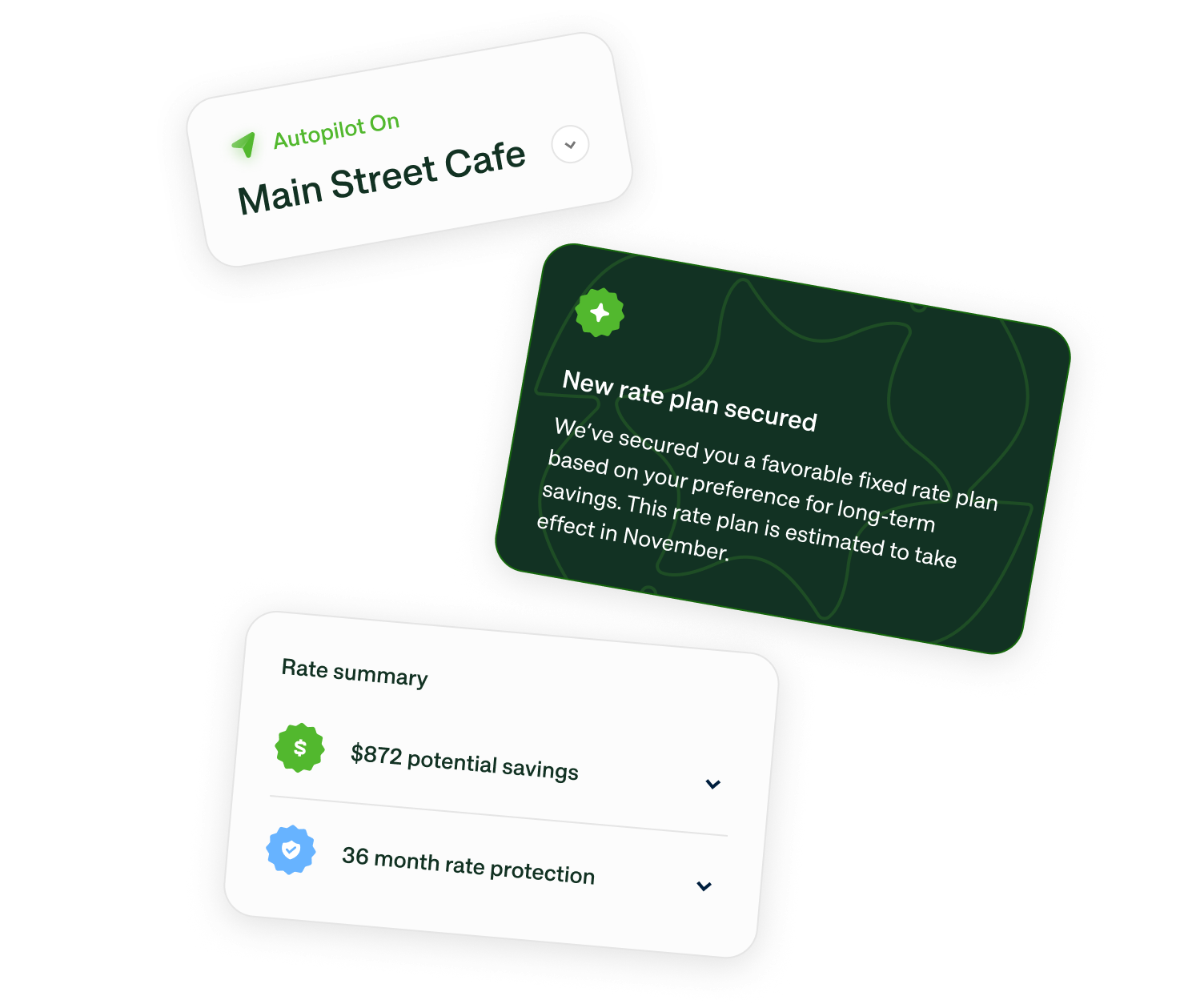 Arbor app showing a secured fixed rate plan and rate summary for Main Street Cafe