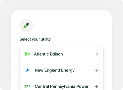 Arbor utility selection screen listing Atlantic Edison, New England Energy and Central Pennsylvania Power