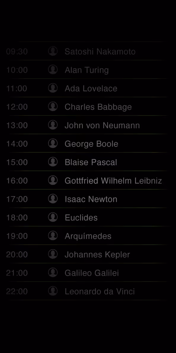 09:30から22:00までの時間ごとに計算や科学の著名な人物名がリスト化されたスケジュール表。