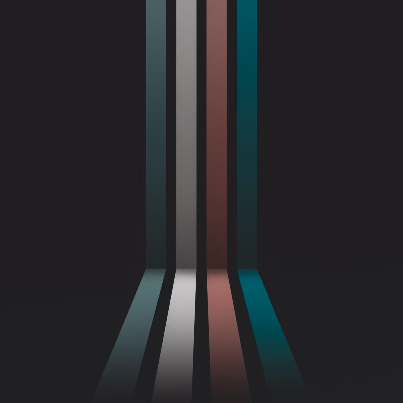 黒い背景に縦に伸び、床へと続く緑、白、茶色、青の4本の色付きストライプ。