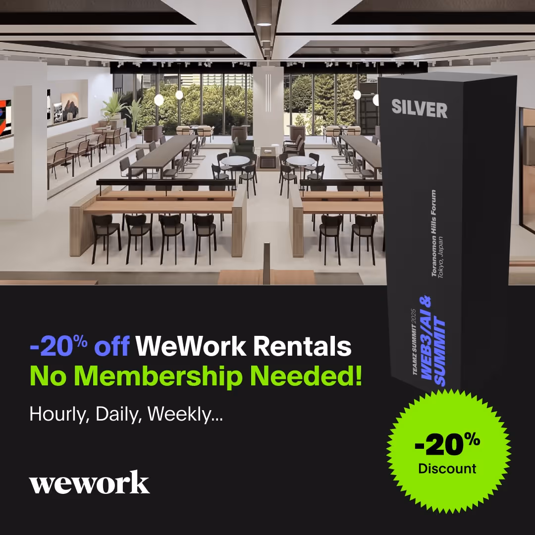 WeWorkのレンタルスペース内観と、会員登録不要で20%割引の案内ポスター。