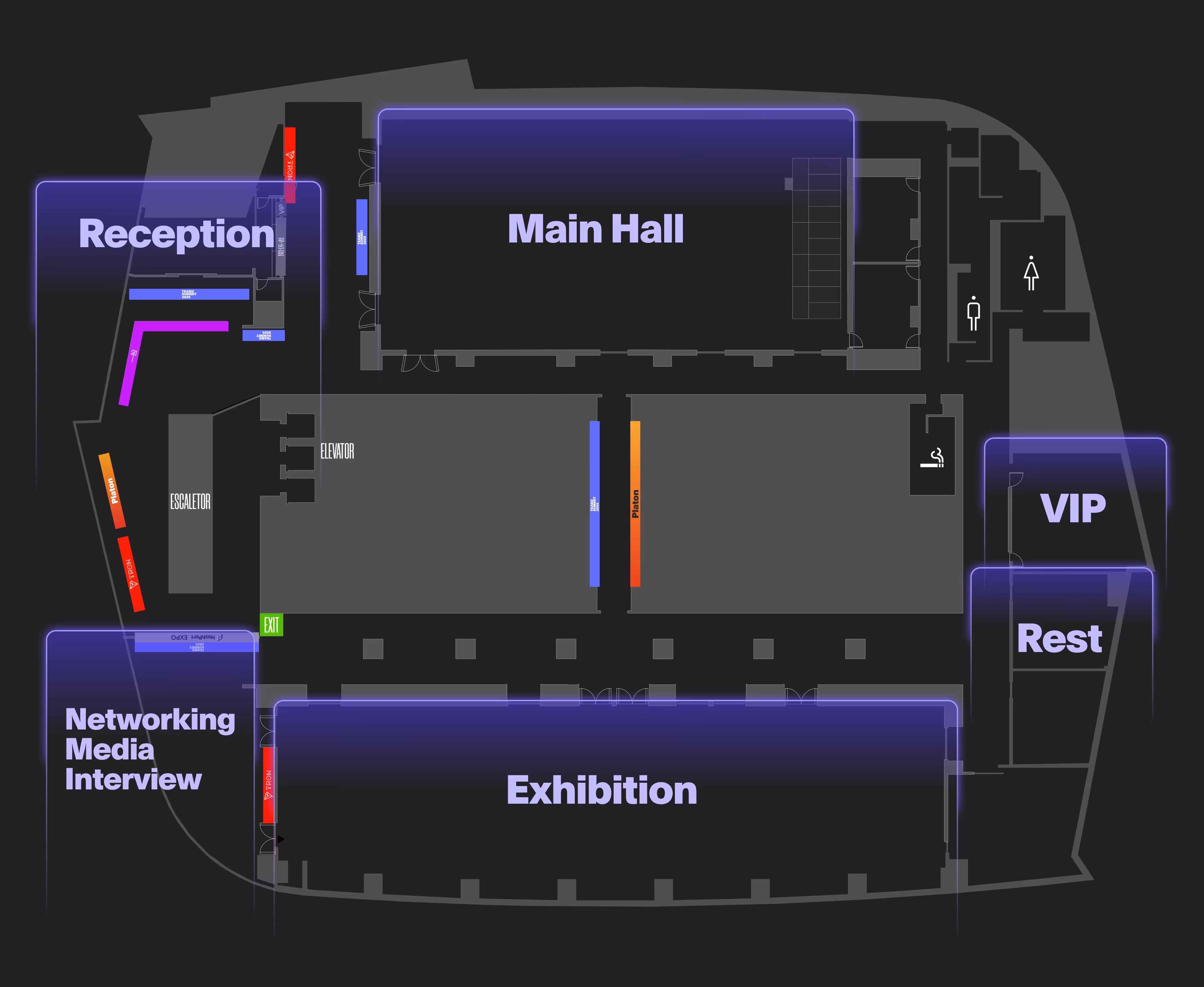 展示会の会場レイアウト図。受付、メインホール、ネットワーキング・メディア・インタビューエリア、展示エリア、VIPルーム、休憩室が示されている。