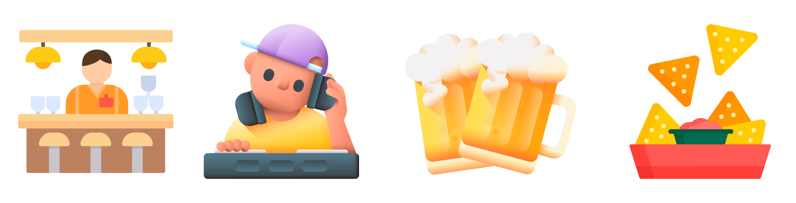 バーのカウンターに立つバーテンダー、ヘッドフォンをつけたDJ、ビールジョッキ2杯、サルサディップを添えたトルティーヤチップス。