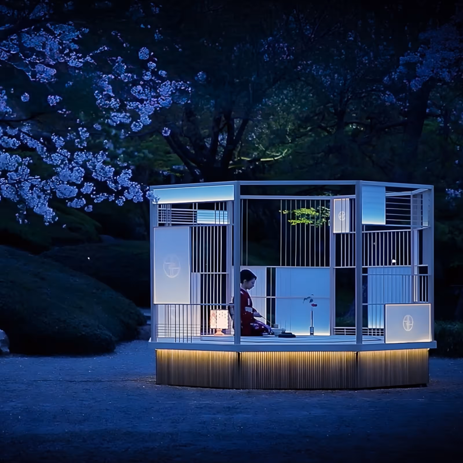 夜の公園で照明が付いた六角形の現代風茶室に和服の女性が座っている。